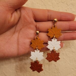 Autumn Leaf Dangle Earrings - Gold, White, Brown